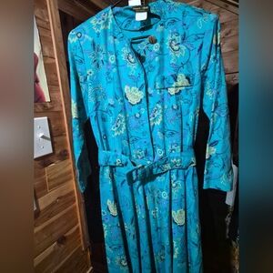 Vintage Teal Floral Long Sleeve Belted Dress